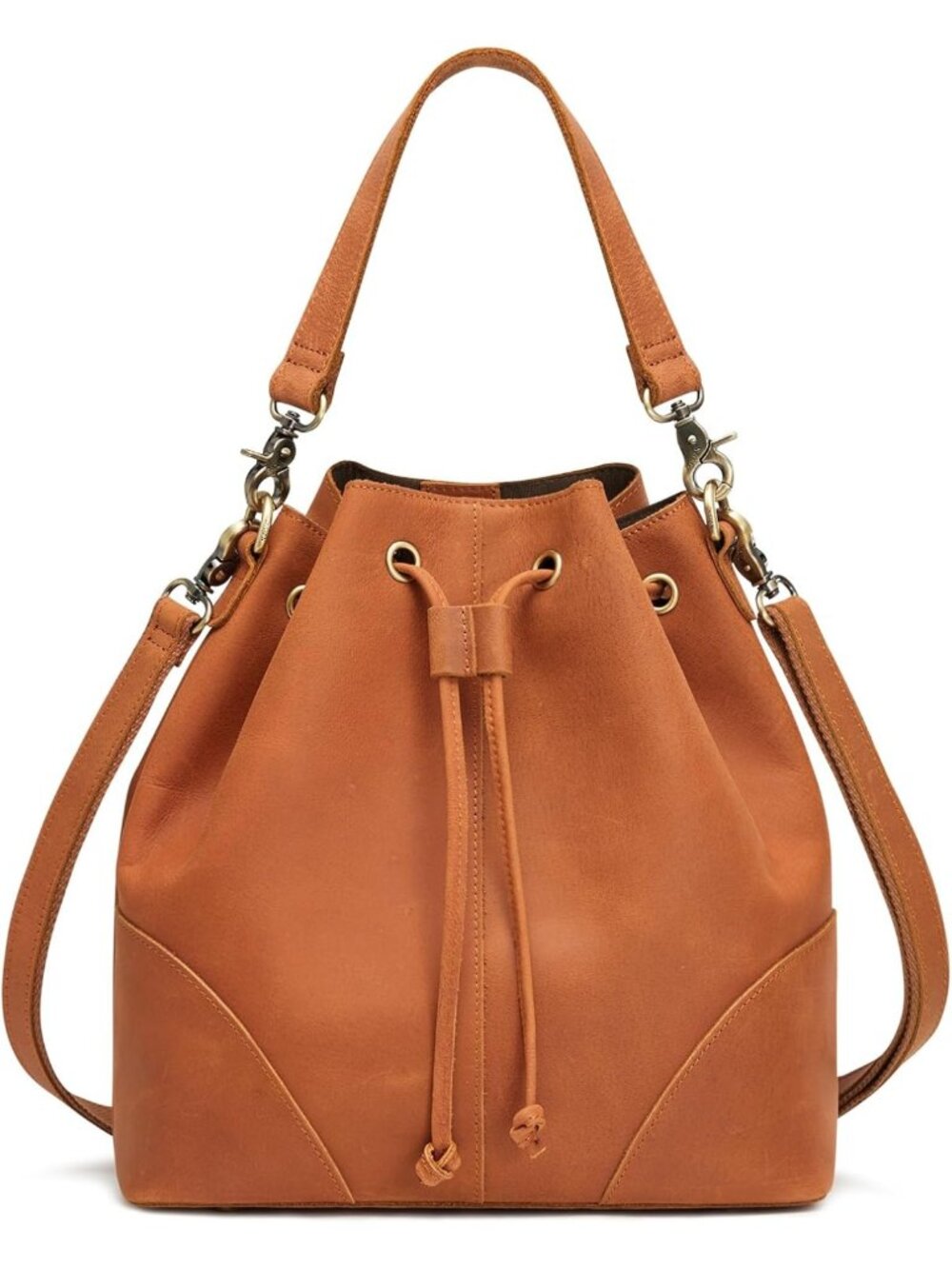 Genuine Leather Crossbody Purse for Women, Drawstring Design, 2 Straps